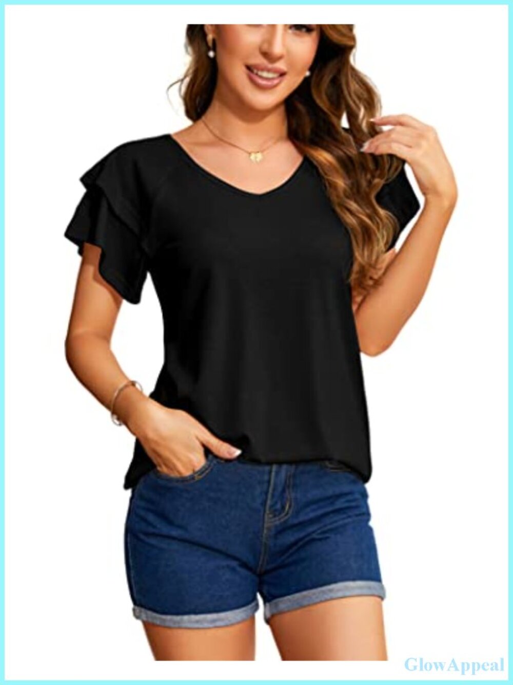 Puff Sleeve V-Neck Blouse | Short Sleeve Business Casual Tunics for Women |